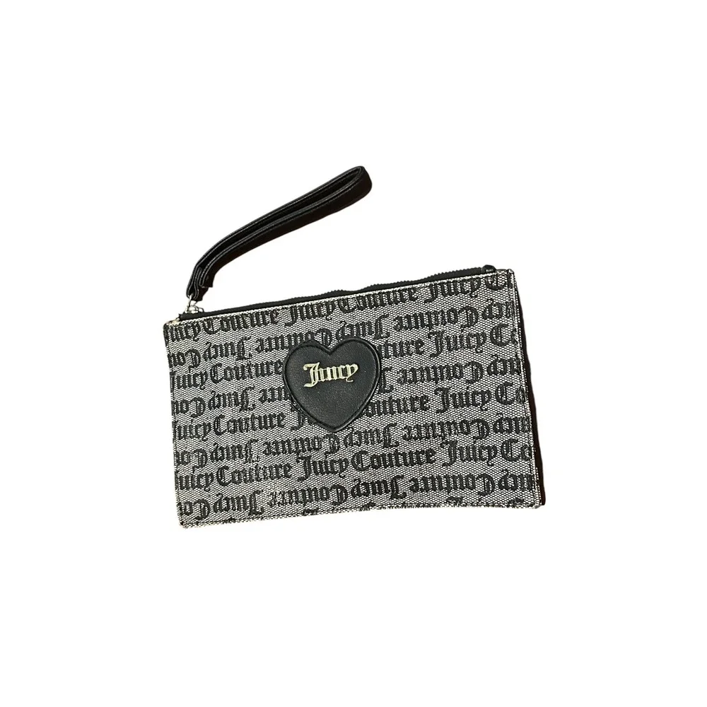 Juicy Couture Gothic Monogram Wristlet Pouch Black Grey Logo Heart Zip Clutch